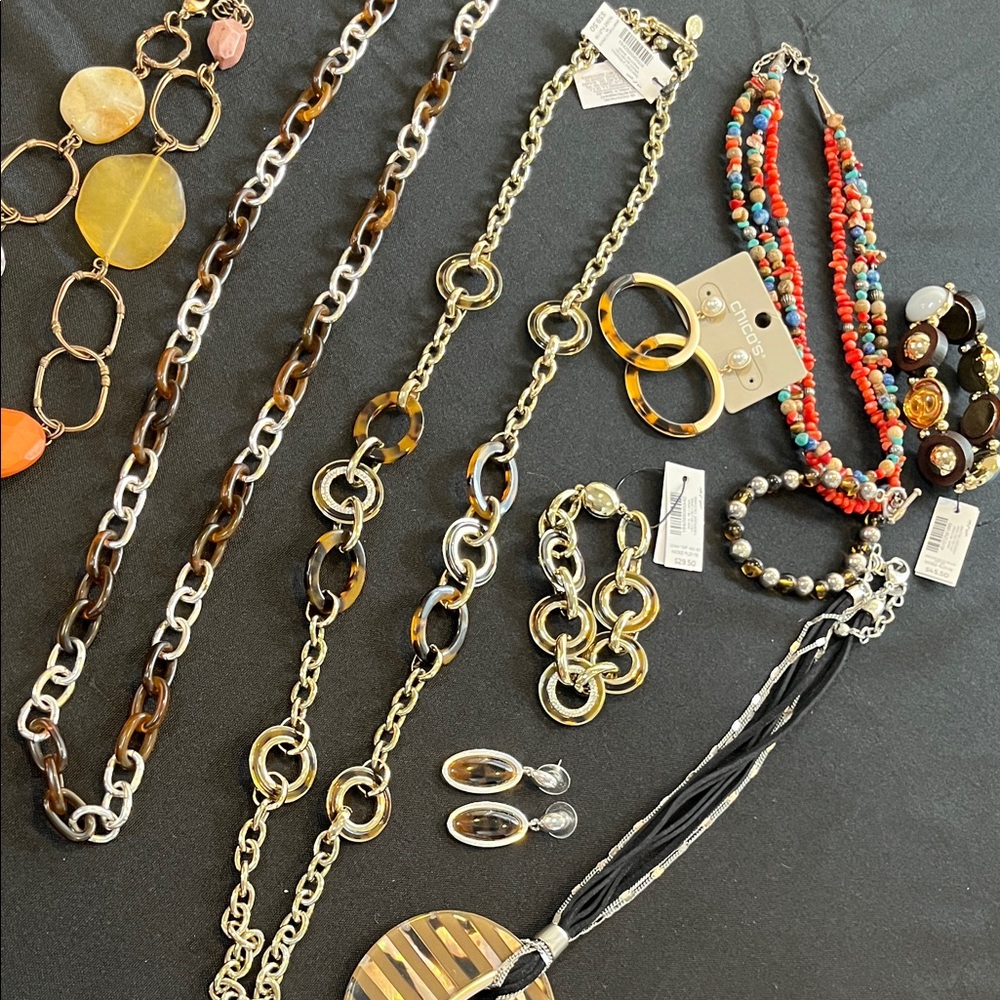 Assorted Chico’s lot of necklaces, earrings, and bracelets, many NWT